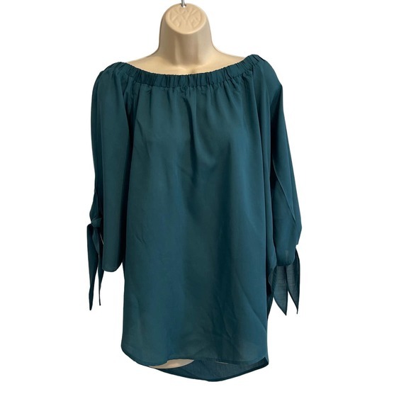 Just Quella‎ Green Off the Shoulder Top Tie 3/4 Sleeves Large Preowned - Picture 1 of 7